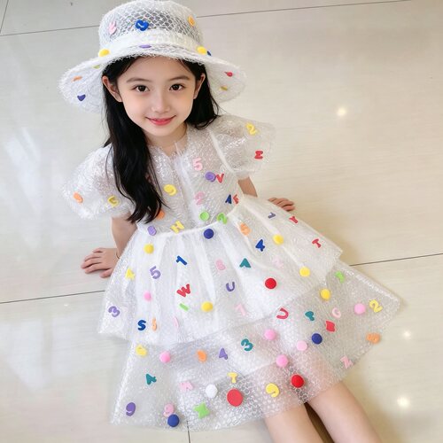 数字节环保衣服女童数字公主裙亲子走秀环保衣服手工气泡袋裙子女