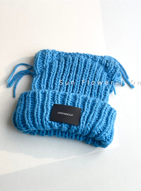 日系个性潮牌日系流苏猫耳朵毛线帽子女保暖韩版潮牌蓝色针织帽男