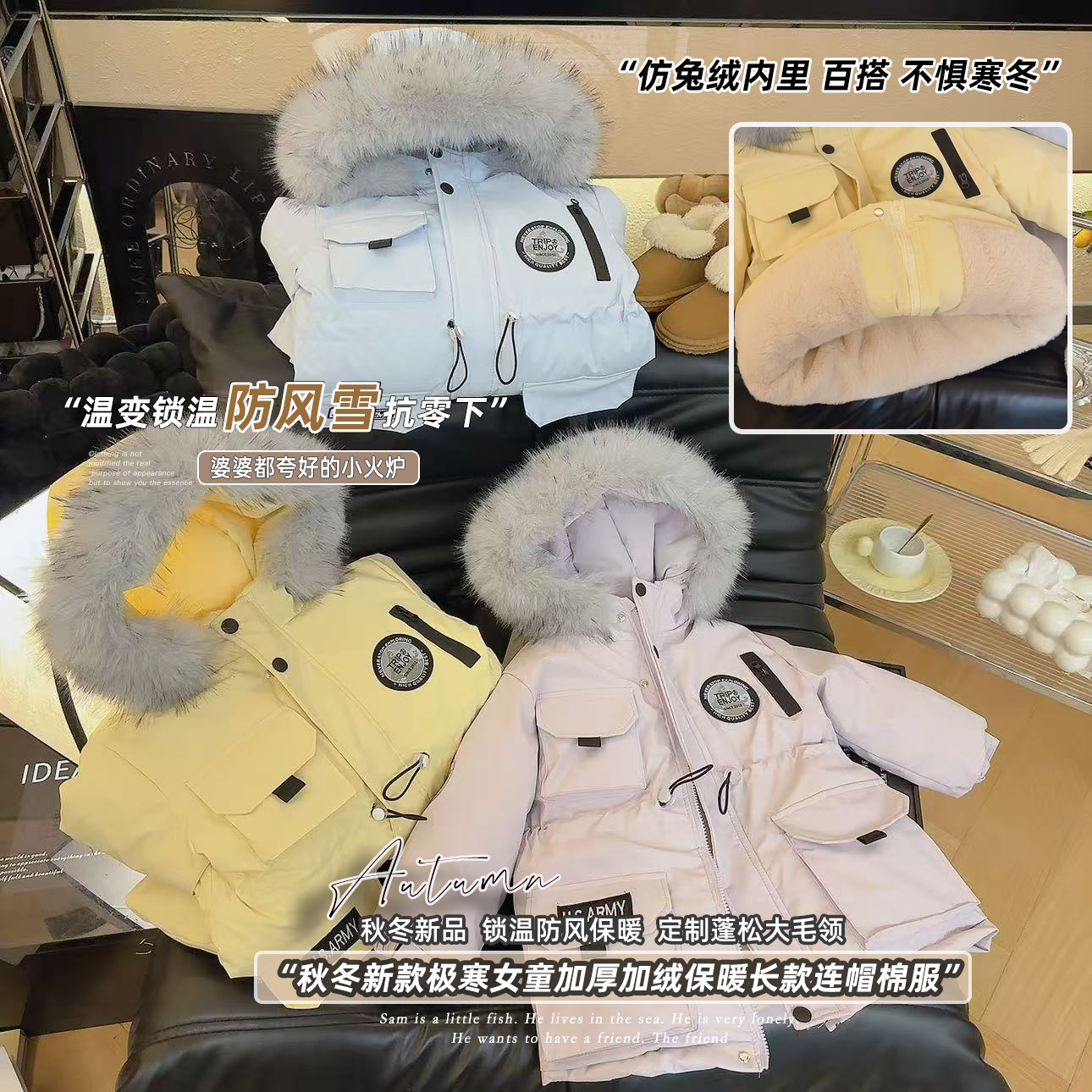 大毛领连帽加绒加厚款棉服外套