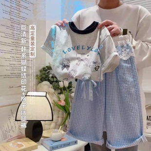 LB027 两件套2026夏LB款 现 女童甜美卡通小猫花边格子裤