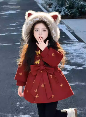 女童年款时尚刺绣蝴蝶红色加棉耳朵连帽外套2025冬季新款GSZ001芷