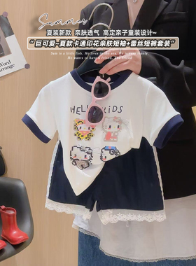 女童韩版卡通猫洋气印花休闲短袖短裤套装2026夏季HXT新款TZ49