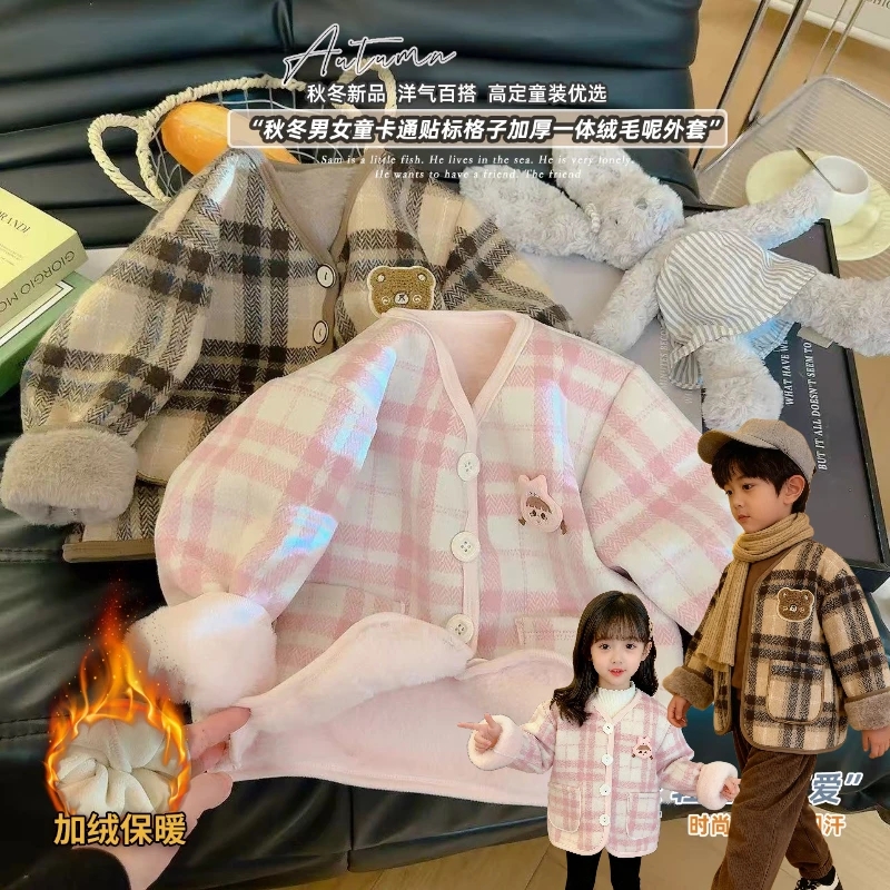 女童韩版卡通贴标格子毛呢加绒加厚外套2025冬季新款HYY011瑶