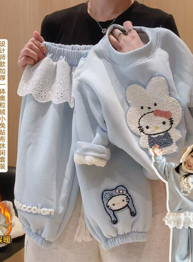 女童卡通小兔贴布一体绒卫衣屁帘裤套装2025冬季新款SF068柚