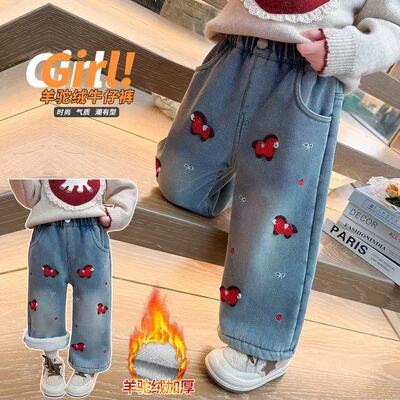 女童可爱卡通刺绣加厚羊驼绒休闲牛仔裤2026冬季新款ZM014嫜