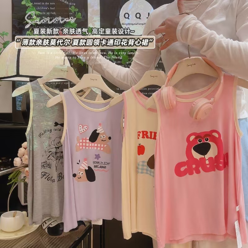 女童洋气亲肤薄款莫代尔卡通印花圆领背心裙2025夏季新款YWL003予