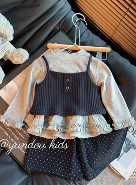 女童时尚纯色马甲花边打底波点阔腿裤三件套2026春季新款KC030宸