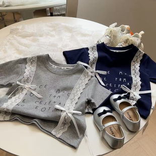 新款 SF037柚 2026夏季 女童亲子立体蝴蝶结拼蕾丝卡通印花百搭短袖