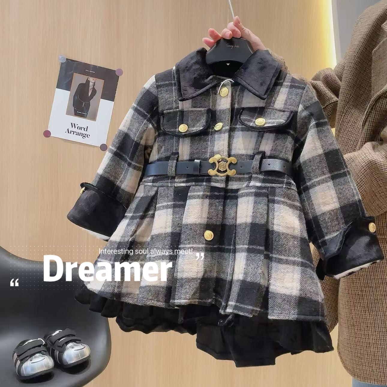 女童翻领休闲加厚格子连衣裙外套*送腰带2025冬季新款D17814嘉