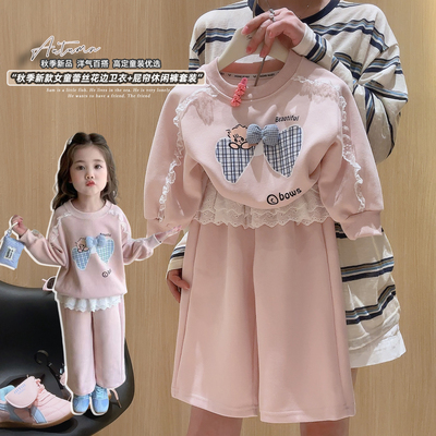 女童甜美蝴蝶结蕾丝花边卫衣屁帘休闲裤套装2025秋季MT新款MT139