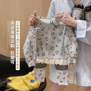 新款 2025秋季 朵儿062 套装 女童蝴蝶结卡通印花蕾丝拼接卫衣打底裤
