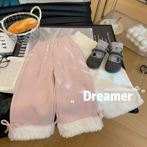 宠粉*女童加绒加厚毛毛花边蝴蝶结阔腿休闲裤2025冬新款BWB056鱼