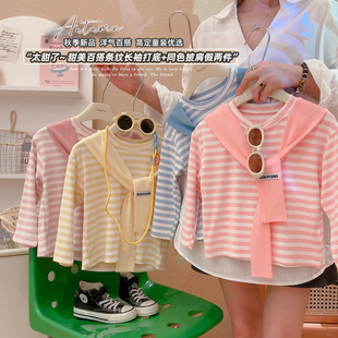 女童学院风条纹假两件披肩上衣百搭长袖T恤2025秋季HH新款HH042