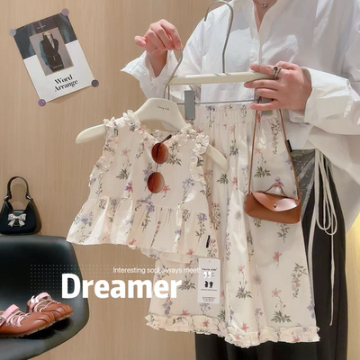 【现】女童韩版木耳花边碎花背心阔腿裤套装2026夏TEY款K5125824