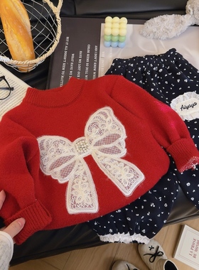 女童甜美百搭公主风蝴蝶结毛衣针织衫洋气宝宝2025秋冬新款3687轩