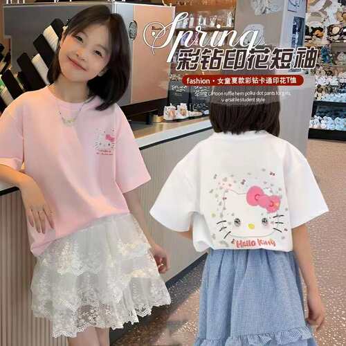女童时髦休闲T恤卡通印花彩钻短袖2026夏季HJ新款HJ041