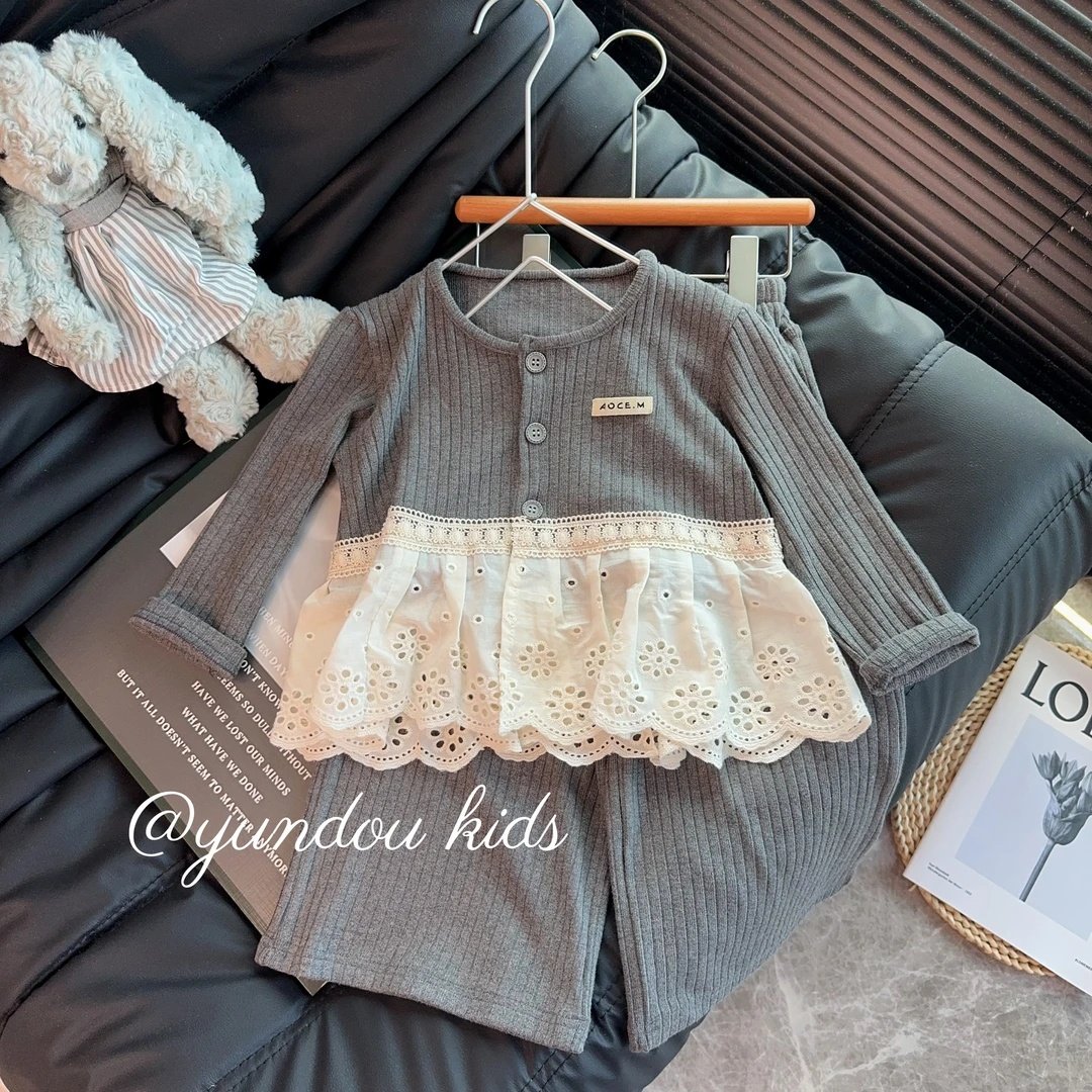 女童洋气韩系开衫花边长袖上衣直筒裤两件套2025秋季新款KP022茂