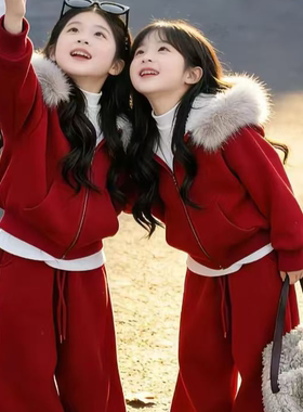 女童连帽加绒拜年套装红色外套休闲裤子套装2026冬季新款RUU001芮
