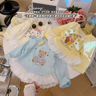 女童网纱拼接卡通印花花边袖 2026春季 新款 PM041茆 打底衫