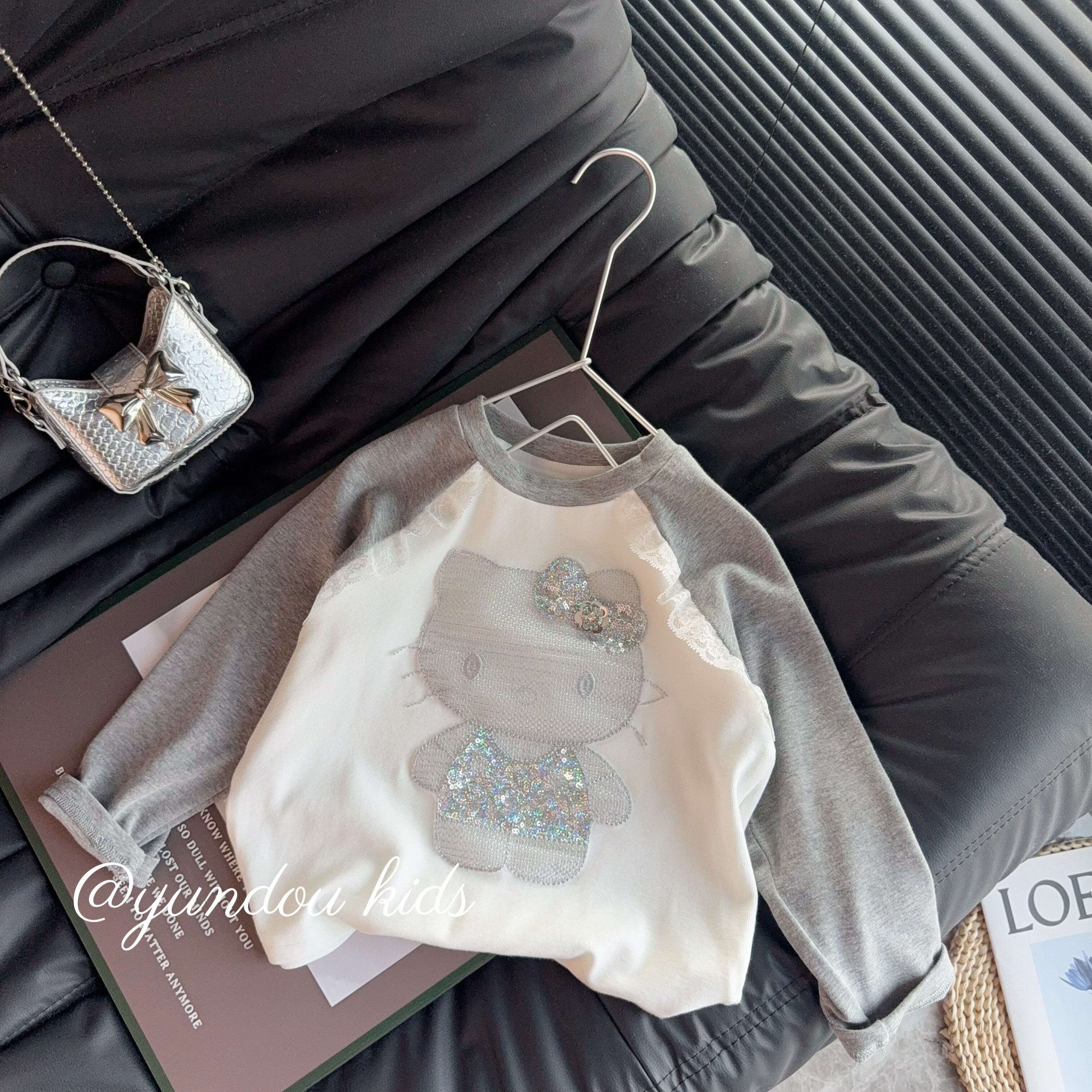 女童闪钻猫咪长袖打底衫亲子装休闲百搭2026春季新款206-A03蒽