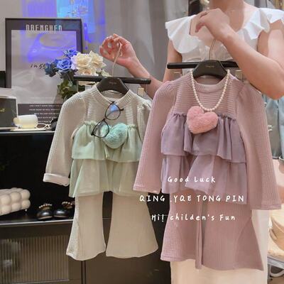 【宠粉】女童甜美立体爱心拼接上衣喇叭裤两件套2025秋款AQA109鱼