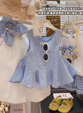 女童格子裙蕾丝冰皮七分裤两件套*送发圈2026夏LB款LB002