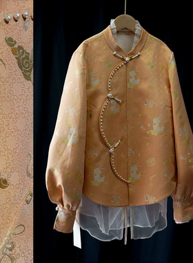 宋锦·铜钱狐狸纹锦·李德喜宋锦天然珍珠新中式女短原创上衣外套