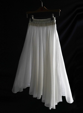 原创新中式百搭白色长款女士太阳裙伞裙木耳边超大摆天丝麻打底裙