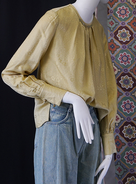24秋上新桑蚕丝交织花罗长袖泡泡袖米黄色梅花提花罗真丝衬衫上衣
