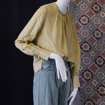 24秋上新桑蚕丝交织花罗长袖泡泡袖米黄色梅花提花罗真丝衬衫上衣