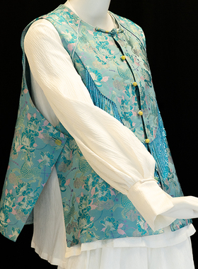 宋锦织锦麒麟正品名家原创设计新中式国风流苏天青蓝马甲背心