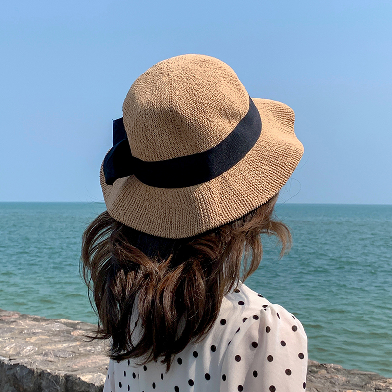 3蝴蝶结草帽女沙滩出游度假韩版潮遮阳防晒帽夏季海边可折叠太阳帽