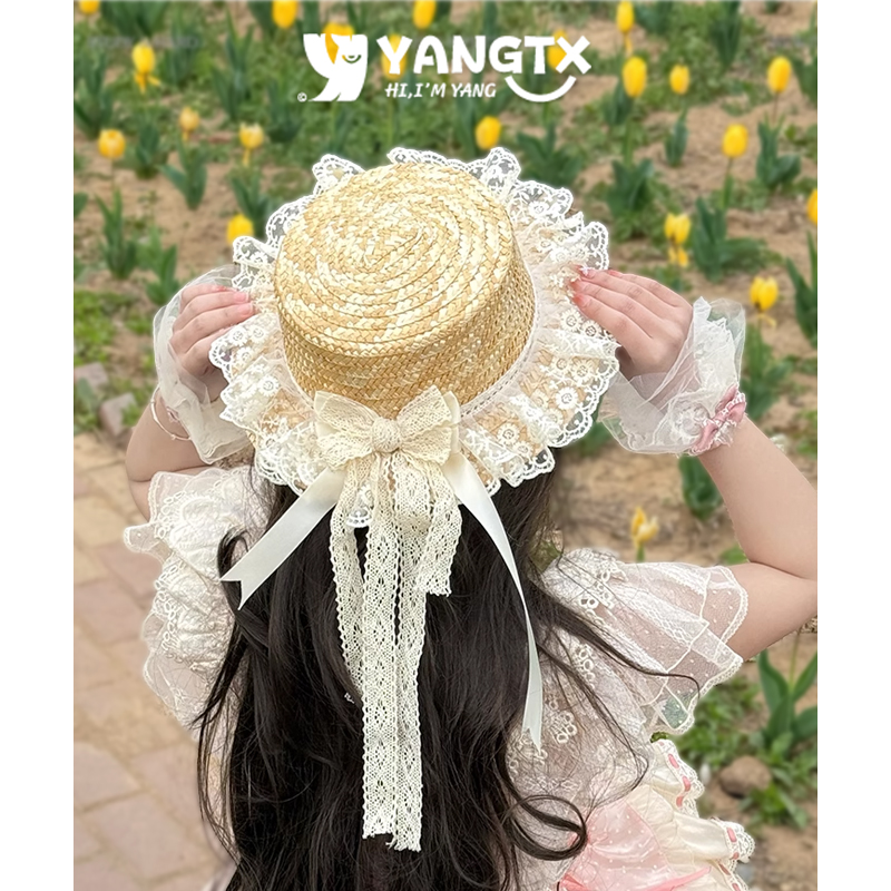 lolita手工蕾丝日系蝴蝶结草帽夏