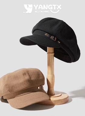 贝雷帽女黑色褶皱春秋款皮扣帽复古大头围韩版百搭显脸小八角帽子