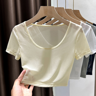 半截网纱短袖 露脐打底吊带裙内搭薄纱衣圆领上衣0315w t恤女夏短款