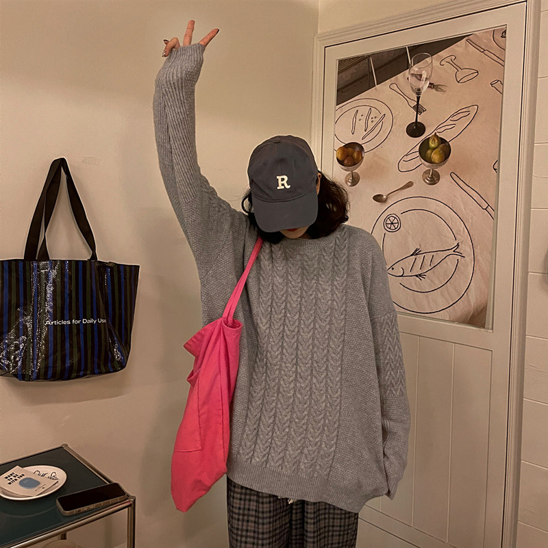 秋冬胖mm灰色麻花毛衣女加厚宽松外穿慵懒风中长款针织衫春装上衣