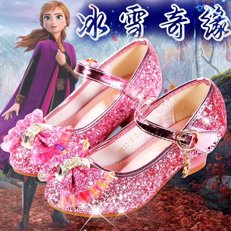 冰雪奇缘爱莎安娜公主鞋秋季高跟皮鞋女童亮片蝴蝶洋气舞蹈表演鞋