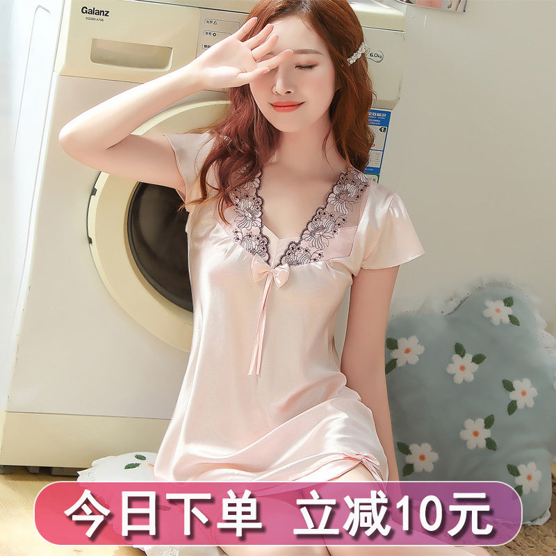 夏季冰丝睡裙丝绸女士睡衣女夏款性感蕾丝睡衣裙薄款家居服连衣裙