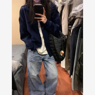 藏青色棒球服无帽卫衣外