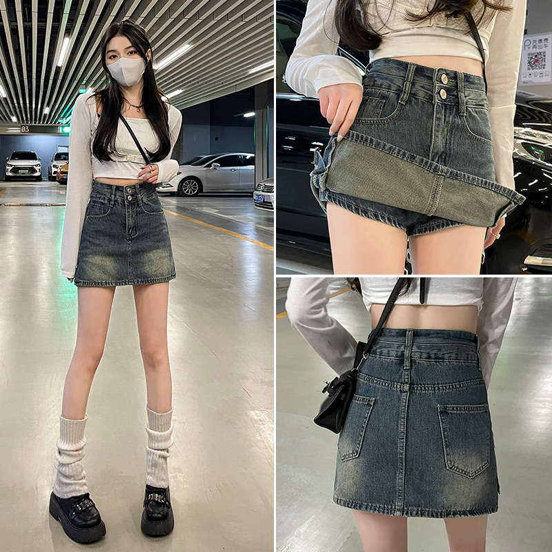 复古牛仔短裙女夏季2023新款防走光裙裤显瘦高腰a字半身包臀裙子