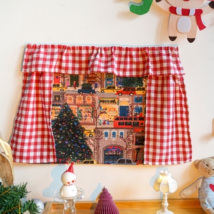 墙布圣诞场景布置魔术贴壁饰 饰品挂布红格子窗帘式 美式 圣诞节装