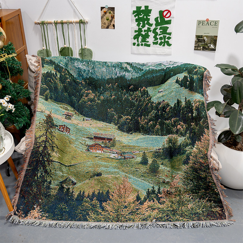 美式复古森林风景沙发毯子沙发垫盖布民宿装饰毯午睡盖毯卧室地毯