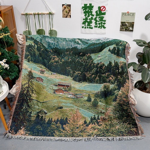 美式复古森林风景沙发毯子盖布
