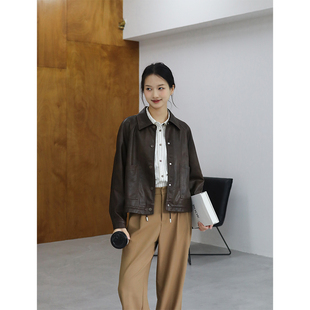 西田设｜休闲复古PU皮衣外套女高级感宽松翻领短款夹克机车服