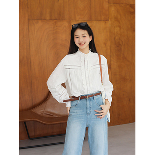 西田设 | 【法式浪漫】纯棉镂空小木耳花边立领衬衫女气质叠穿