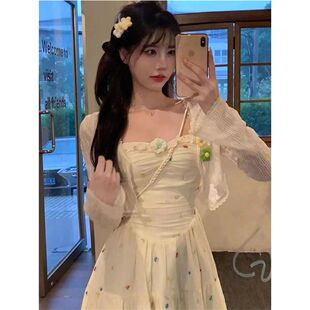 夏日来信初恋甜美可爱开衫连衣裙套装女收腰显瘦碎花吊带裙两件套