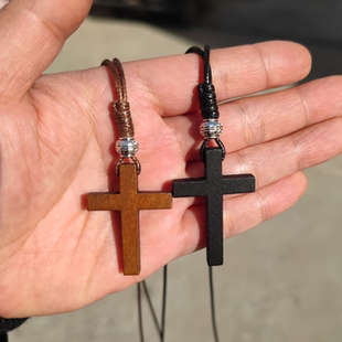 编织蜡绳小号迷你木十字架吊坠项链长款毛衣链情侣配饰品护身平安
