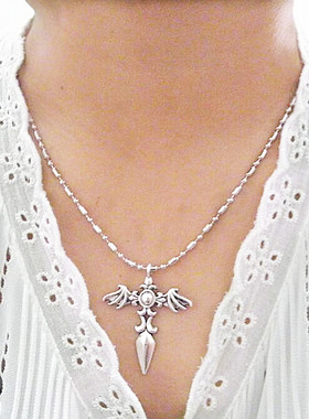 复古藏银天使翅膀恶魔十字架吊坠