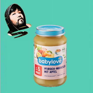 德国直邮【满300包邮】babylove5个月+有机桃子百香果苹果泥190g
