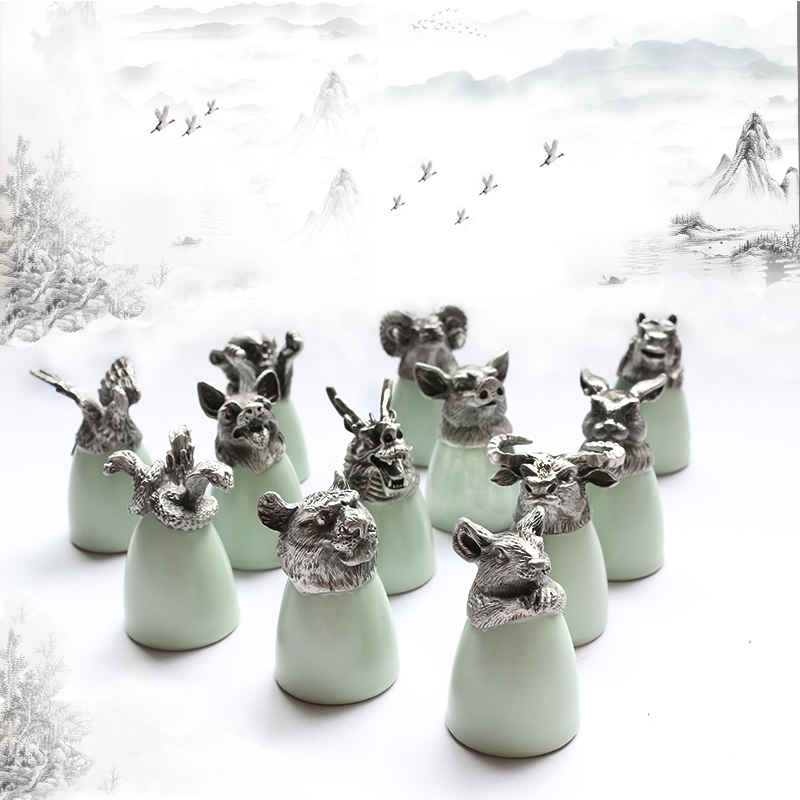 十二生肖银色汝窑陶瓷茶杯小号酒杯酒具12兽首白酒烈酒杯子礼盒装